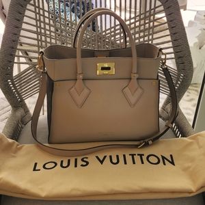 Louis Vuitton On My Side MM tote handbag Greige Tan Monogram sides